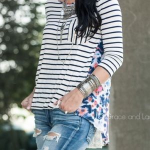 Grace & Lace Stripped 3/4 sleeve hi/low top